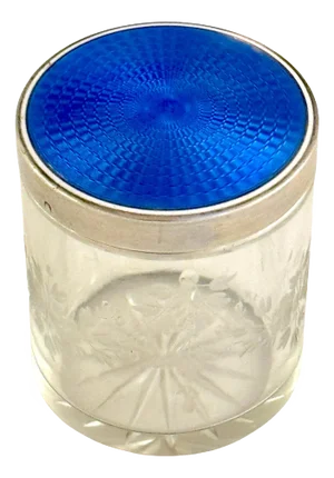 Round French Silver Deep Blue Guilloché Enamel & Crystal Table Box