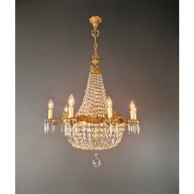 French Antique Oval Crystal Chandelier Louis XVI Revival Empire Style Brass 12 Lights For Sale - Image 3 of 13