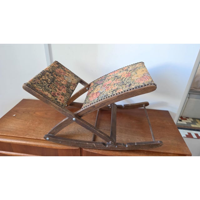 Vintage French Floral Folding Footstool, Upholstered Rocking Footrest, 3 Position Wooden Stool, Tapestry Fabric Living Room Decor For Sale - Image 4 of 14