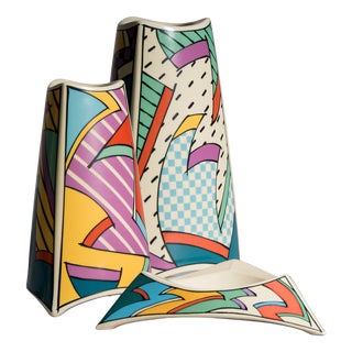 Flash Porcelain Vase Duo and Ashtray by Dorothy Hafner for Rosenthal, 1980s, Set of 3 For Sale