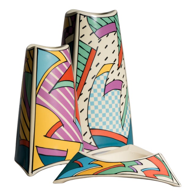 Flash Porcelain Vase Duo and Ashtray by Dorothy Hafner for Rosenthal, 1980s, Set of 3 For Sale