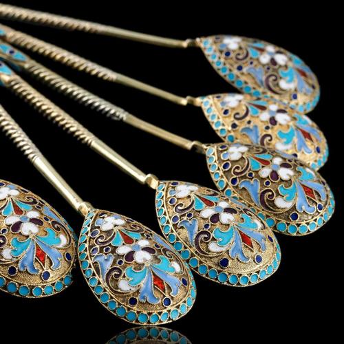 Antique Russian Silver Enamel Cloisonne Spoons by Dmitrii Nikolaevich Nikolaev, 1900s, Set of 6 For Sale - Image 11 of 18