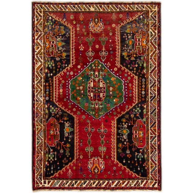 Red and Green Vintage Shiraz Handmade Geometric Designed Wool Rug For Sale - Image 10 of 10