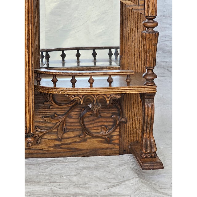 Antique 1890s Tiger Oak Over Mantel With Bowed Glass Cabinet & Beveled Mirrors For Sale - Image 12 of 17