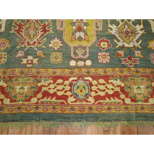 English Vintage Traditional Green Square Large Oushak - 11'2" x 12'3" For Sale - Image 3 of 10