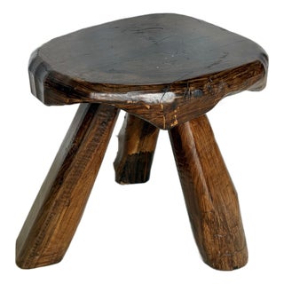 Mid 20th Century French Walnut Brutalist Tripod Stool For Sale