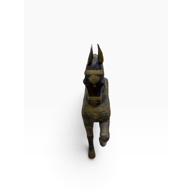 Grand 38" Vintage Rajasthani Hand-Carved Wooden Horse With Hammered Brass & Copper Cladding For Sale In West Palm - Image 6 of 11