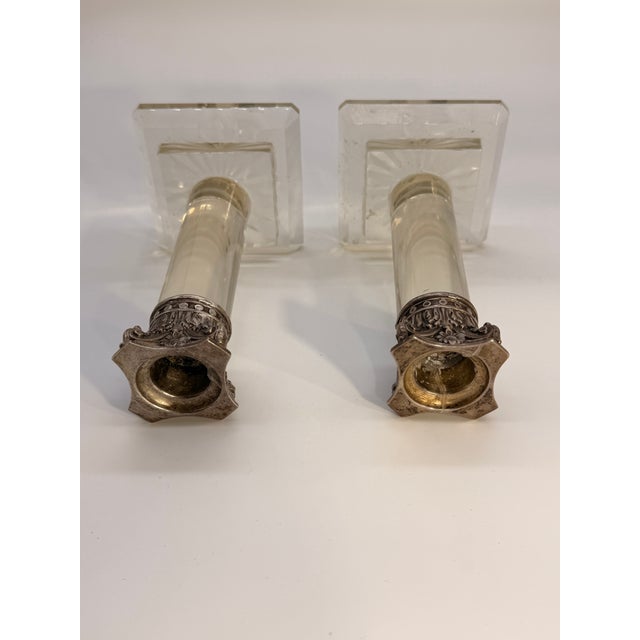Glass Pair of Vintage Crystal and Silver-Plated Column Candlesticks For Sale - Image 7 of 7