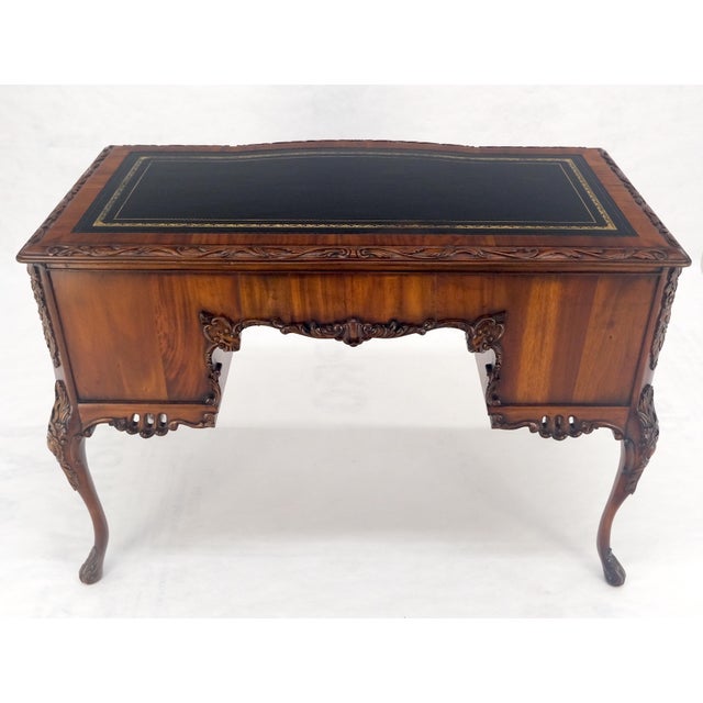 Mid 20th Century Carved Mahogany Embossed Black Leather Top Petit Compact 5 Drawers Desk MINT For Sale - Image 5 of 14