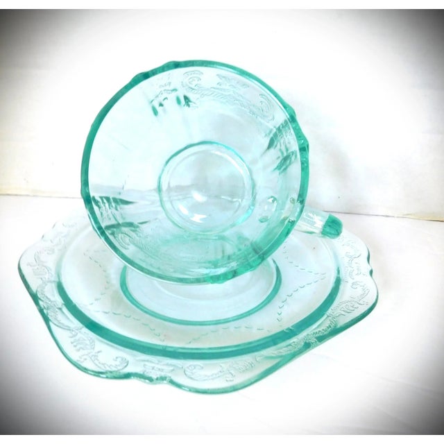 Vintage Indiana Depression Glass Tea Cup and Saucer, Set of Two, Teal Blue Madrid Pattern 70's RECOLLECTION of Federal...