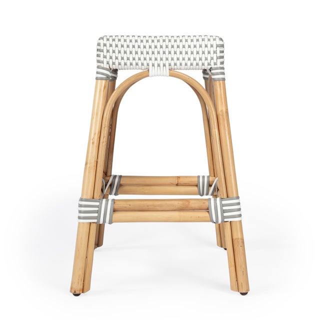 Robias 24.5 in. Seat Height Rectangular Rattan Backless Counter Stool with Footrest, Gray/White Dot / Natural Rattan Frame For Sale In Chicago - Image 6 of 9