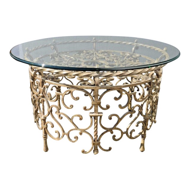 Vintage Spanish Monterrey Style Gold Wrought Iron & Glass Coffee