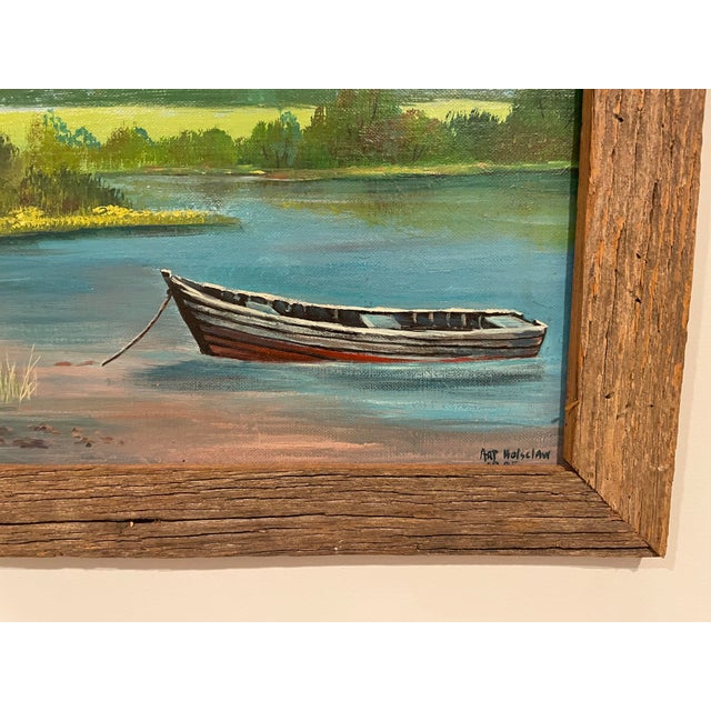 Oil on panel of an East Tennessee Lake and Boat landscape by Elizabethton TN artist Art Holsclaw, signed and dated 1985...