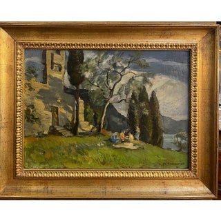 Fossombrone, Landscape with Figures, 20th Century, Oil Painting on Panel, Framed For Sale