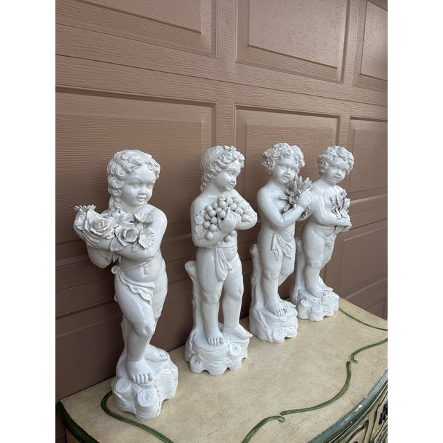 Grand Tour Mid 20th Century Neoclassical Italian White Porcelain Allegorical Cherub or Putti Statues of the Four Seasons, Set of 4 For Sale - Image 3 of 18