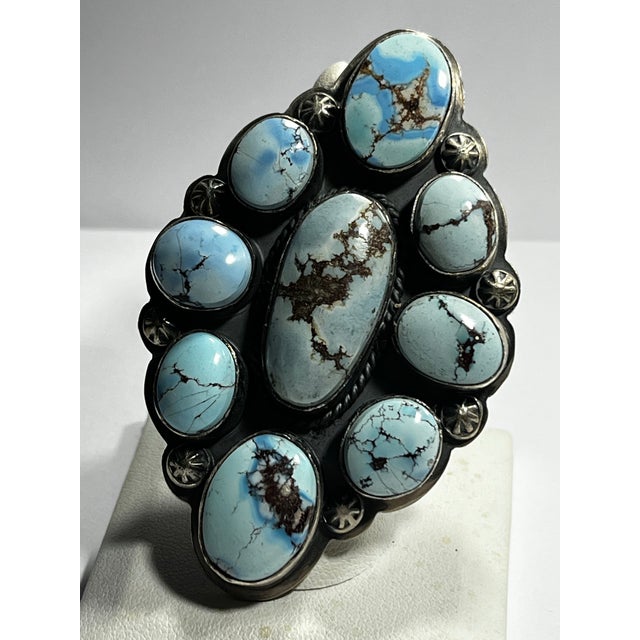 Beautiful Native American Golden Hills Turquoise statement ring composed of nine golden Hills cabs by Tim Vandever...