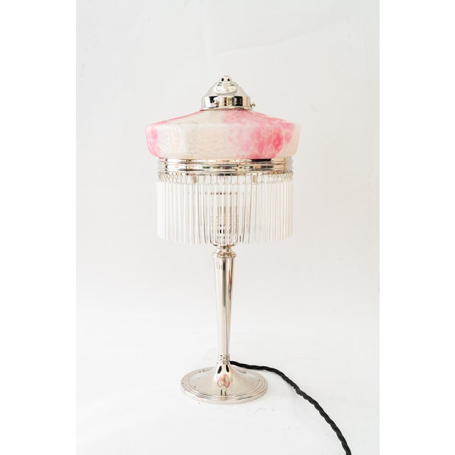 Art Deco nickel - plated table lamp with original palme koenig glass shade 1920s The glass sticks are replaced ( new )...
