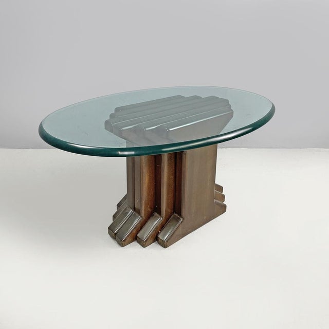 Italian Modern Wooden Coffee Table with Geometrical Base and Glass Top, 1970s For Sale - Image 4 of 18