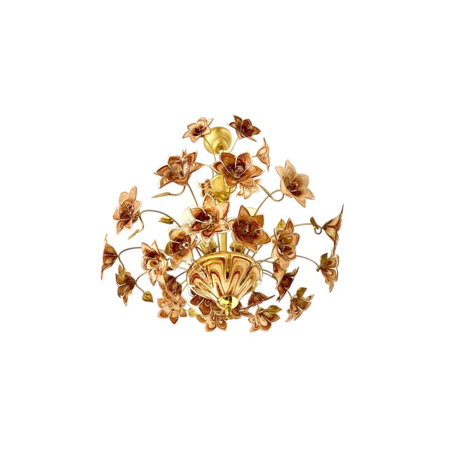 Glass Large Murano Style Brown Flower Bouquet Chandelier With 4 E27 Bulbs. Hand-Blown Glass Flowers, Restored , Rare Italian Vintage For Sale - Image 7 of 17