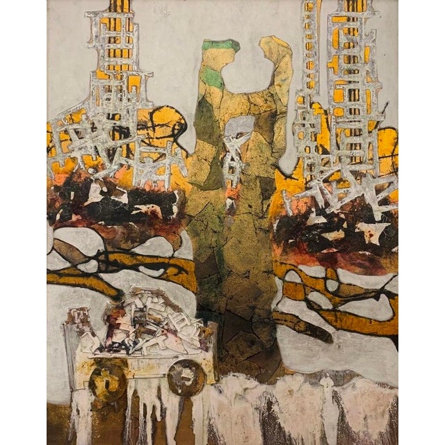 A companion in spirit to Stella's other cart compositions, this tall canvas carries a loosely defined cart and its cargo...