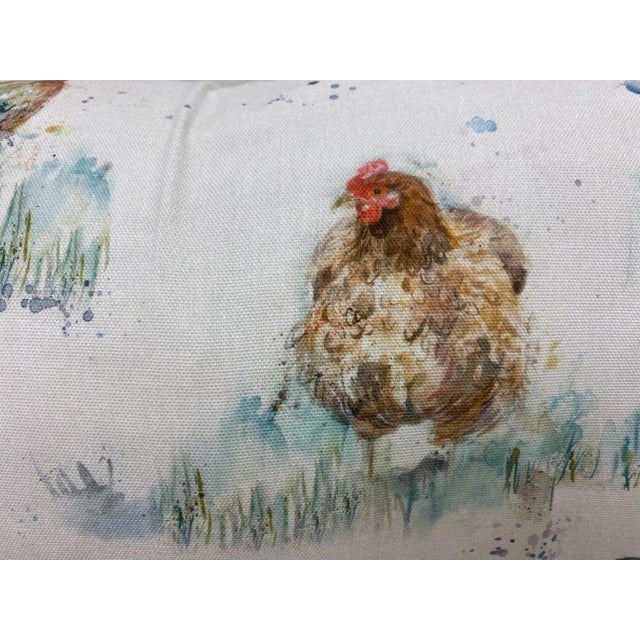 Large Bolster Pillow Decorated With a Yard Full of Water Color-Look Roosters & Hens/Chickens - Made in Uk. For Sale - Image 4 of 11