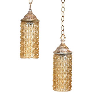 Mid-Century Amber Pendant Lights - A Pair For Sale