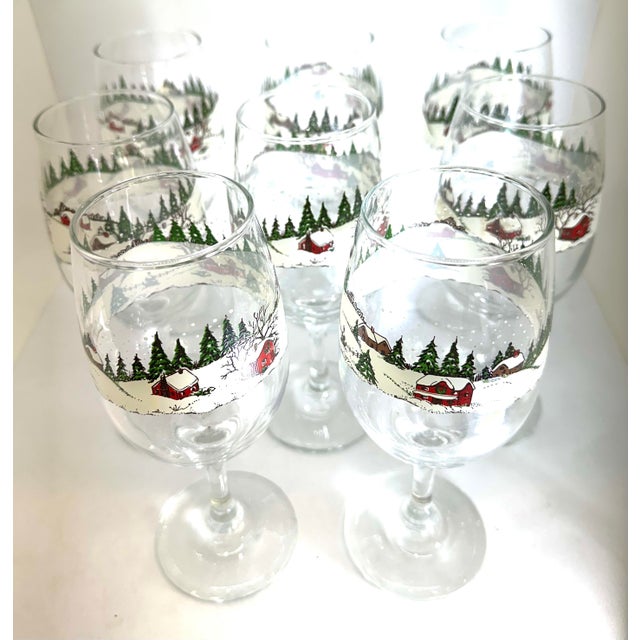 1960s 1960s Libby Winter Village Wine/Water Goblet Set of 8 For Sale - Image 5 of 9