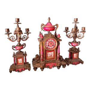 1900s Rare French Pink Sevres-Style Gilt Bronze Porcelain Mantel Clock + Candelabra