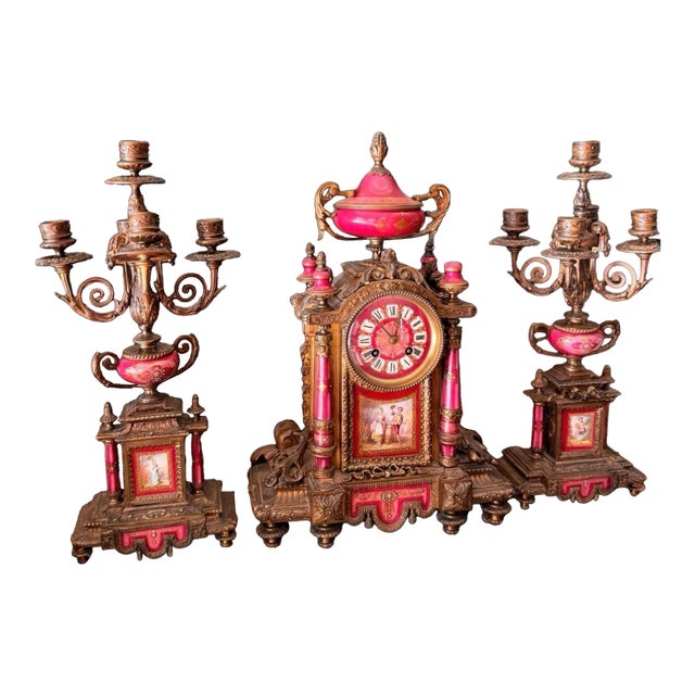 1900s Rare French Pink Sevres-Style Gilt Bronze Porcelain Mantle Clock + Candelabra For Sale