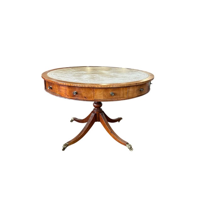 English Georgian Revival Mahogany Drum Table with Green Tooled Leather Top, Circa 1900 A handsome English Georgian Revival...