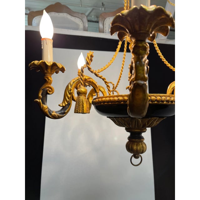 Black Vintage Italian Florentine and Black Chandelier With Tassel and Tole Decoration For Sale - Image 8 of 13