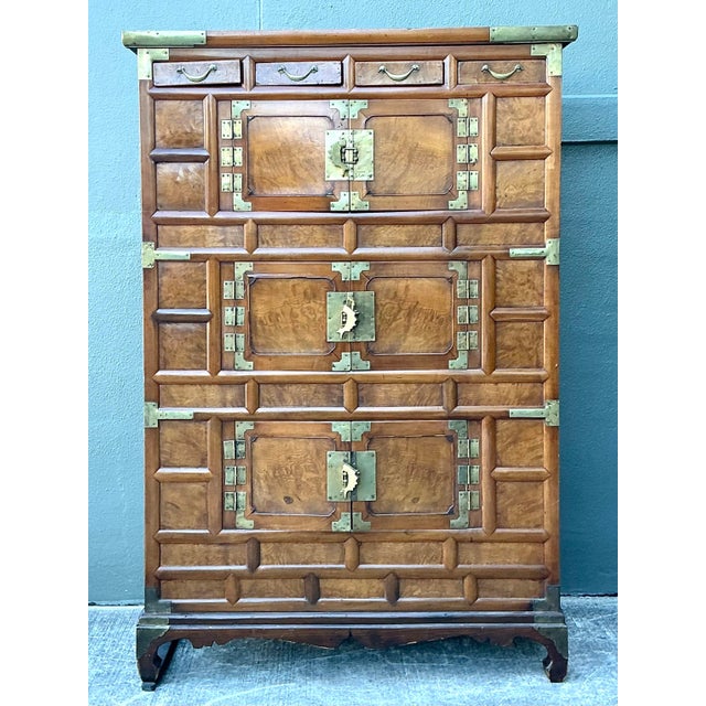 Chinoiserie Vintage Brass Trimmed Burl Wood Cabinet For Sale - Image 3 of 11