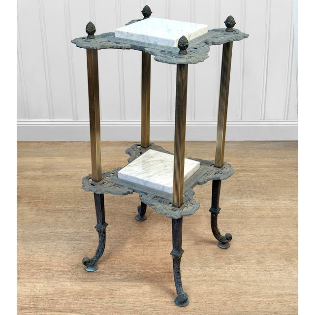 Antique Victorian 2-Tier Iron Plant Stand W/ Marble Top For Sale - Image 4 of 11