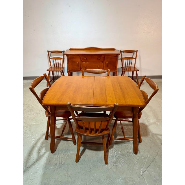 Rustic European Vintage Brutalist Colonial Maple Dining Set, Table and 6 Chairs For Sale - Image 3 of 12