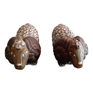 1960s Mann Glazed Textured Ceramic Ram Sheep Figurines - a Pair For Sale