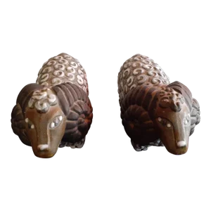 1960s Mann Glazed Textured Ceramic Ram Sheep Figurines - a Pair