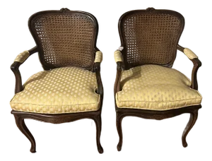 Vintage Ethan Allen Italian‑Made Cane Back and Seat Armchair Pair (Ref 48864) – Made in Italy, Carved Hardwood Frame, French-Provincial Style
