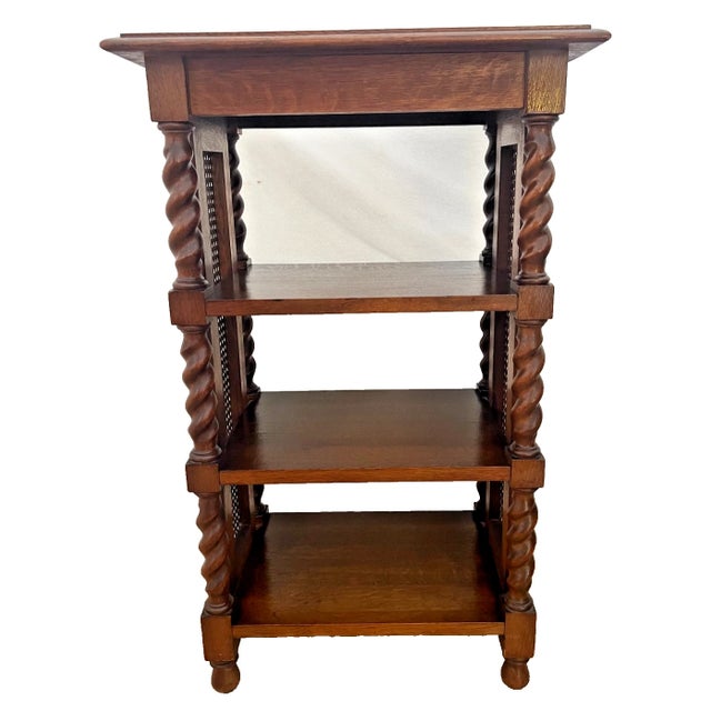 Jacobean Antique Bookcase French Jacobean Revival Oak 4-Tier Etagere Barley Twist, Cane For Sale - Image 3 of 13