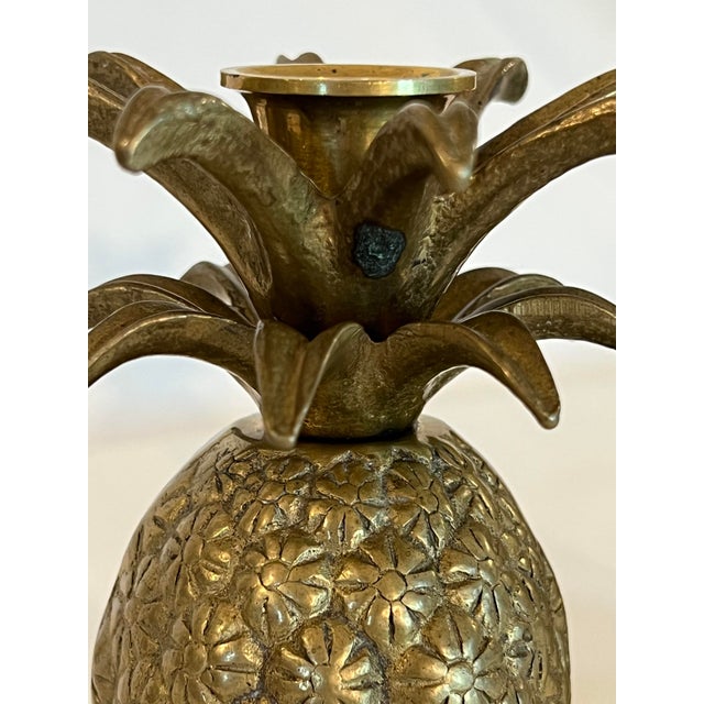Hollywood Regency Vintage Pair Hollywood Regency Brass Pineapple Candlestick Holders With Floral Etching For Sale - Image 3 of 11