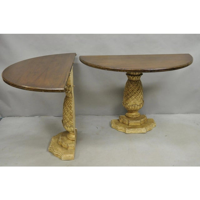Hollywood Regency Carved Wood Pineapple Demilune Console Hall Tables - A Pair For Sale - Image 4 of 18