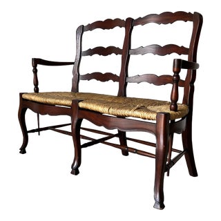Vintage French Country Chic 2 Seater Ladderback Settee Rush Seat For Sale