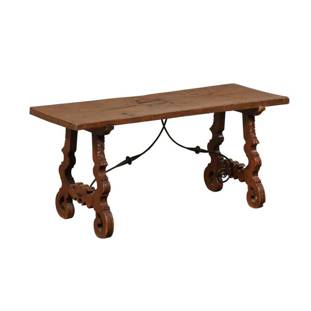 Antique Spanish Wooden Coffee Table with Carved Lyre-Legs and Iron Stretchers For Sale - Image 13 of 13