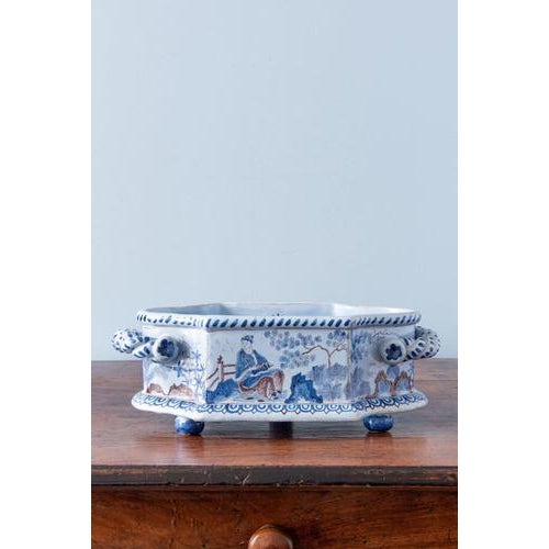 Chinoiserie Faience Jardiniere with Twisted Handles from Nevers, 19th Century For Sale - Image 11 of 11