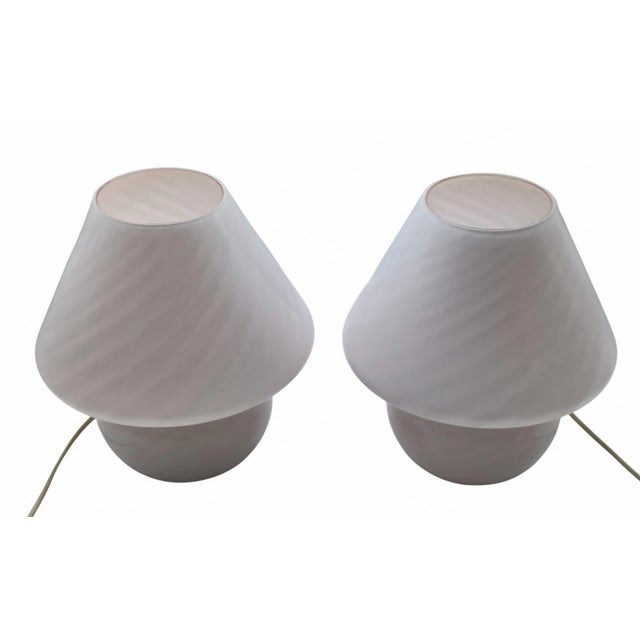 Pair of venini mushroom table lamps in murano glass with spiral motif, 1970s. Excellent general condition with normal...