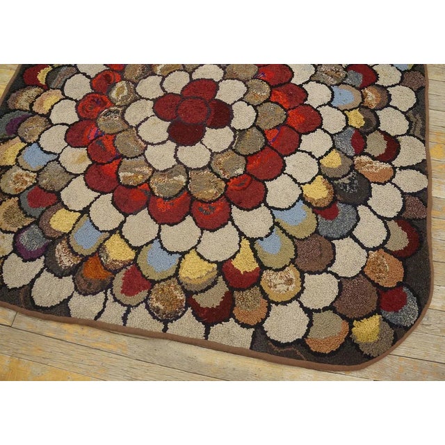 Brown 1940s Multi Floral Folk Art Penny Antique American Hooked Rug 4' 0''x4' 0'' Woven Wool Carpet For Sale - Image 8 of 12