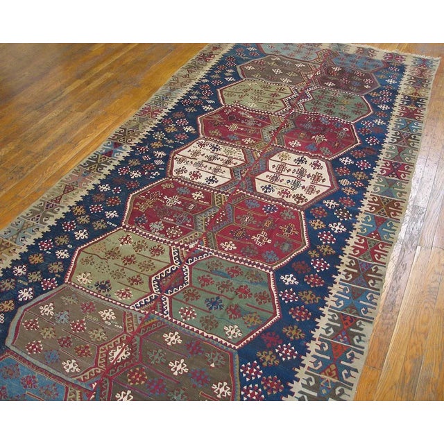 Tribal 1850s Blue Geometric Tribal Antique Turkish Anatolian Flatweave 5' X 10'8" Kilim Wool Carpet Rug For Sale - Image 3 of 9