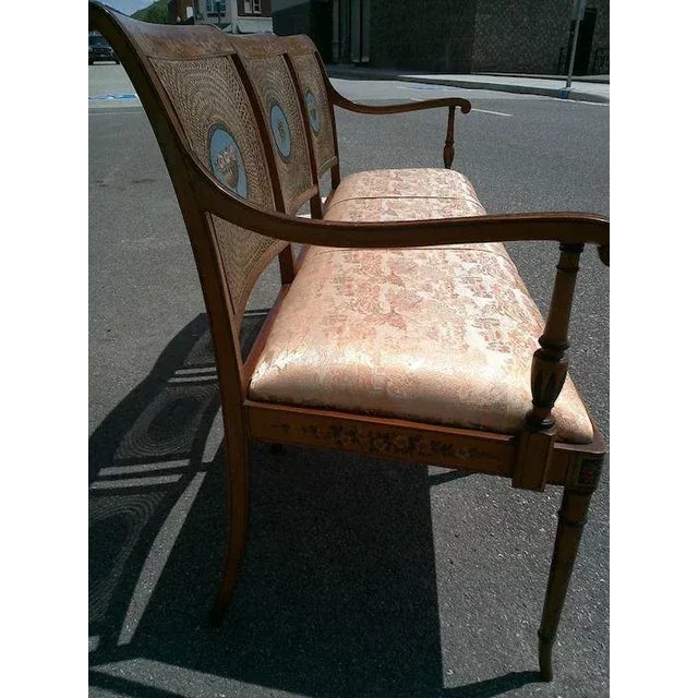 Edwardian Satinwood Painted Cane Back Open Arm Settee For Sale - Image 6 of 11