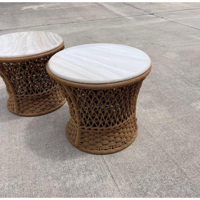 Marzio Cecchi Studio Most Rope Travertine Top Side Tables or Nightstands, a Pair