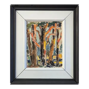 Mid-Century Modern 'Woodland Colour' Vintage Mini Original Landscape Oil Painting, Framed