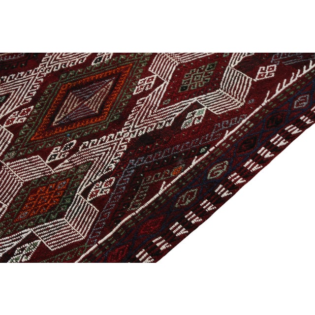 1950s Vintage Handwoven Kilim Rug in Red, White, Multicolor Embroidered Diamonds For Sale - Image 4 of 6